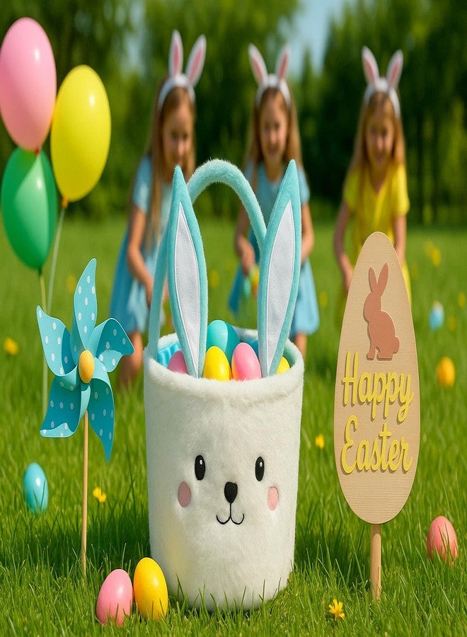 Ouksma Plush Bunny Basket for Easter Fluffy Easter with with Bunny Ears , Easter Egg Hunts Decorations Candy Gifts Storage (Blue White) - Image 2